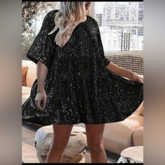 TEMU BLACK SEQUIN EMBELLISHED ROUND NECK TIERED BABYDOLL DRESS LARGE NWOT - Picture 1 of 3
